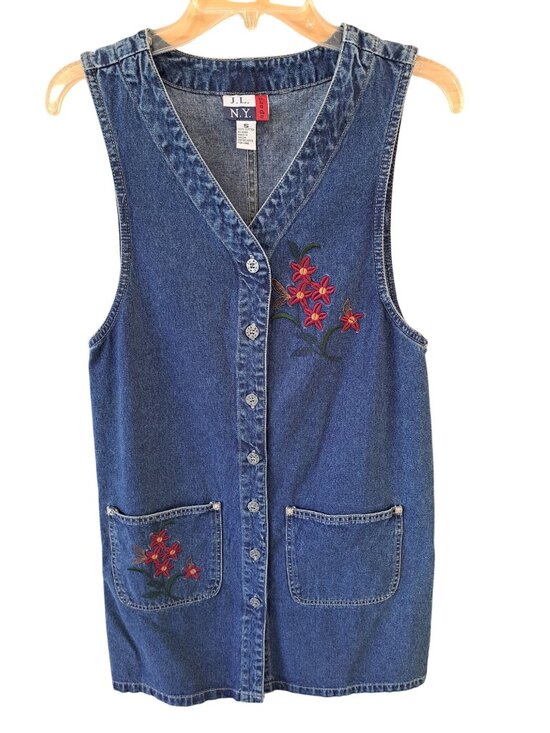J.L. N.Y. Dresses & Skirts - Vtg Denim Embroidered Dress Floral Button-Up Sleeveless Pockets S Cotton Teacher